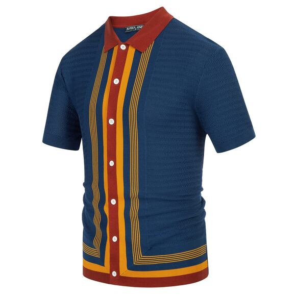 NWT PJ PAUL JONES Men’s 70s Vintage Knit Polo Shirt – Dark Blue, Small - Picture 2 of 6